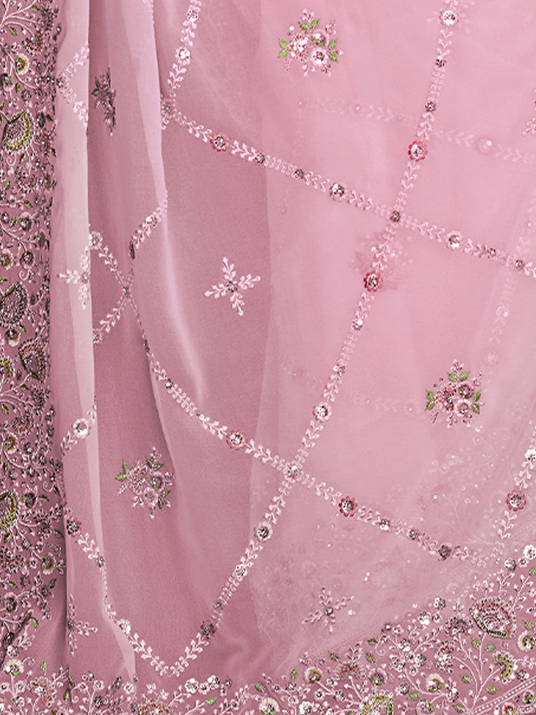 Pink Georgette Embroidered Saree With Unstitched Blouse Clothsvilla