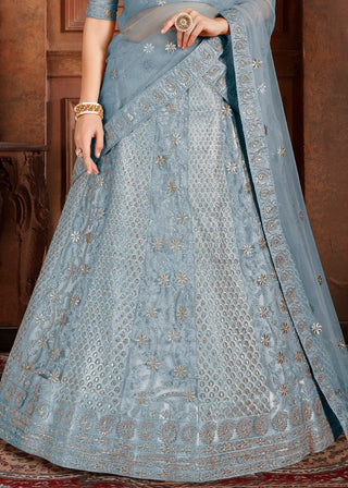 Pigeon Blue Soft Net Lehenga Choli with Thread,Zari, Zarkan & Pearl work Clothsvilla