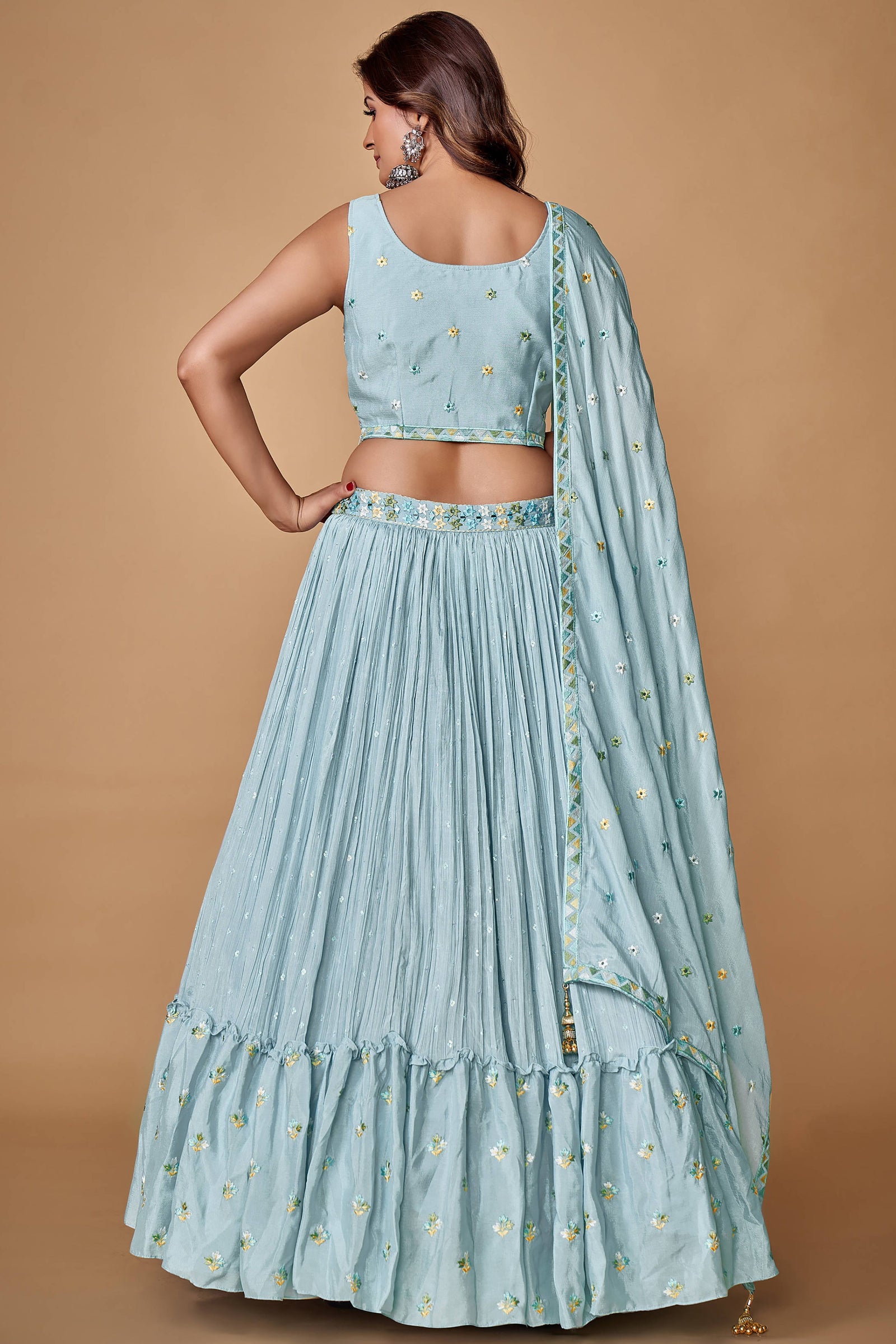 Powder Blue Thread Work Chiffon Silk Engagement Wear Lehenga Choli Clothsvilla