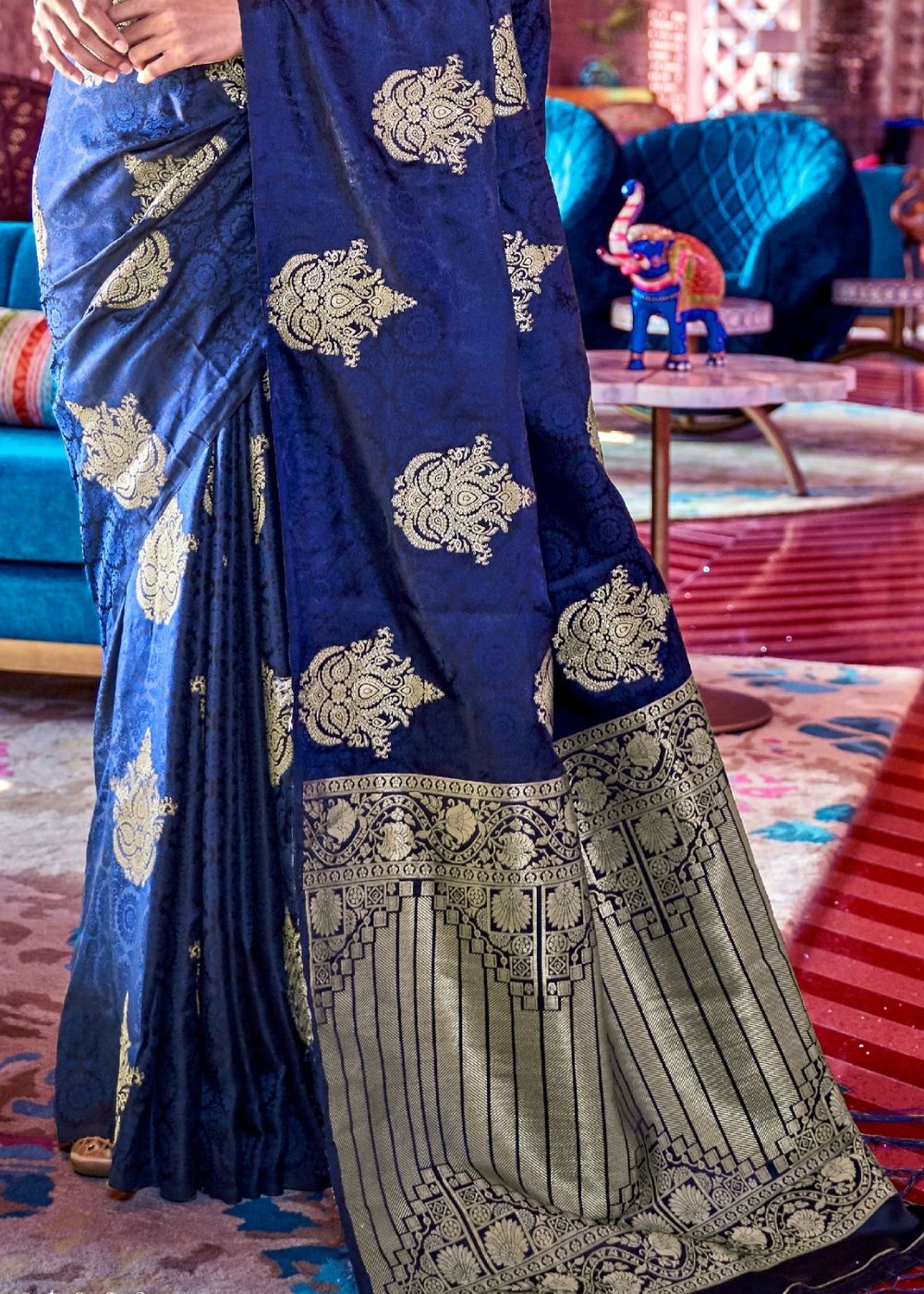 Berry Blue Satin Silk Saree with overall Golden Butti Clothsvilla