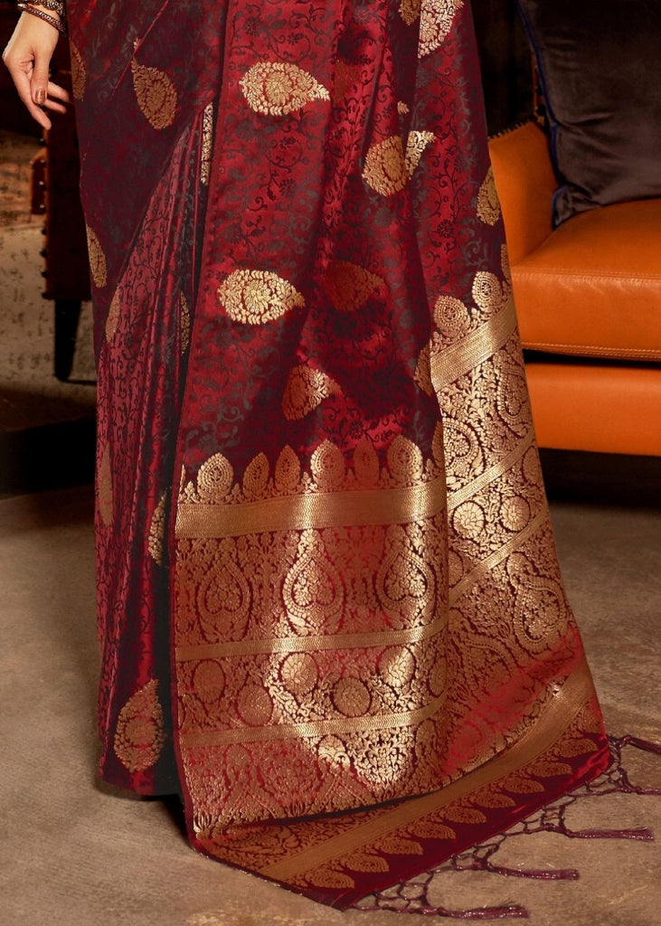 Wine Red Pure Satin Woven Silk Saree with overall Golden Buti Clothsvilla