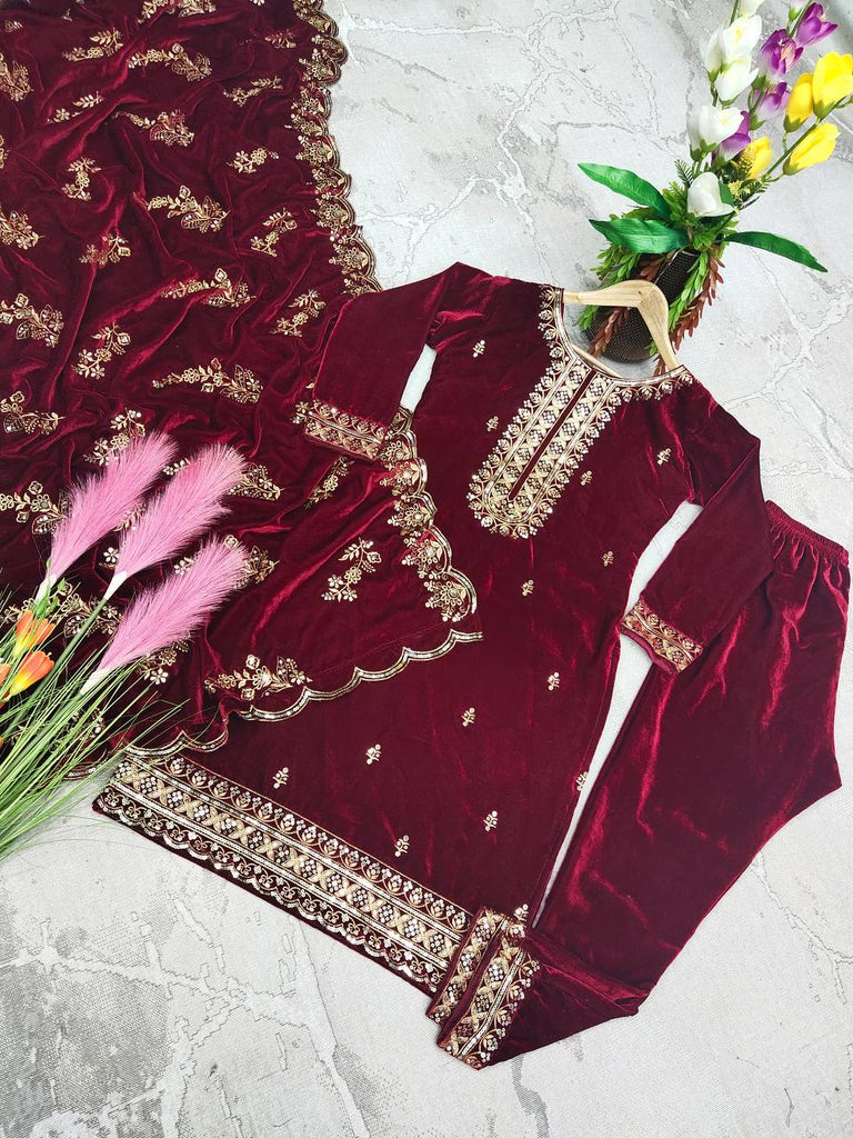 Fashionable Velvet Red Color Salwar Suit Clothsvilla