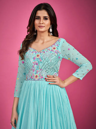 Blue Chinon Silk Embroidered Gown Clothsvilla