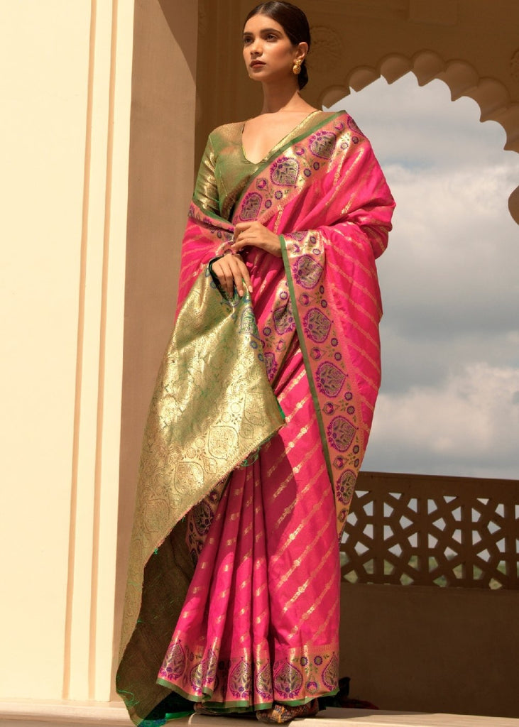 Hot Pink Woven Soft Banarasi Silk Saree with Contrast Pallu & Blouse Clothsvilla