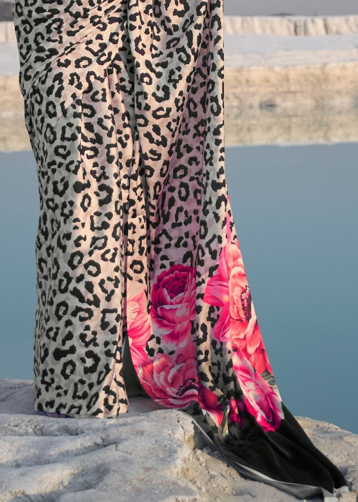 Black and White Leopard Print Crepe Silk Saree Clothsvilla