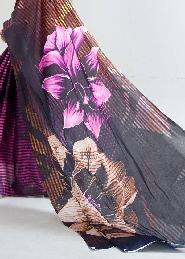 Umber Brown & Black Satin Silk Digital Printed Saree Clothsvilla