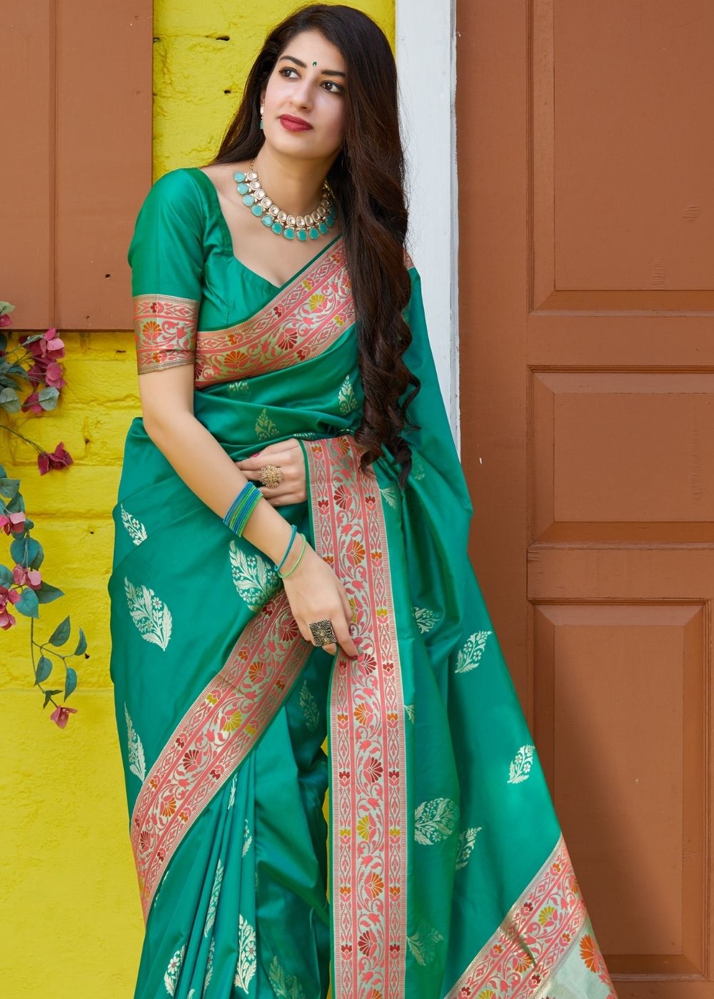 Teal Green Silk Saree with Floral Zari Border and Silver Buti Design Secondary image