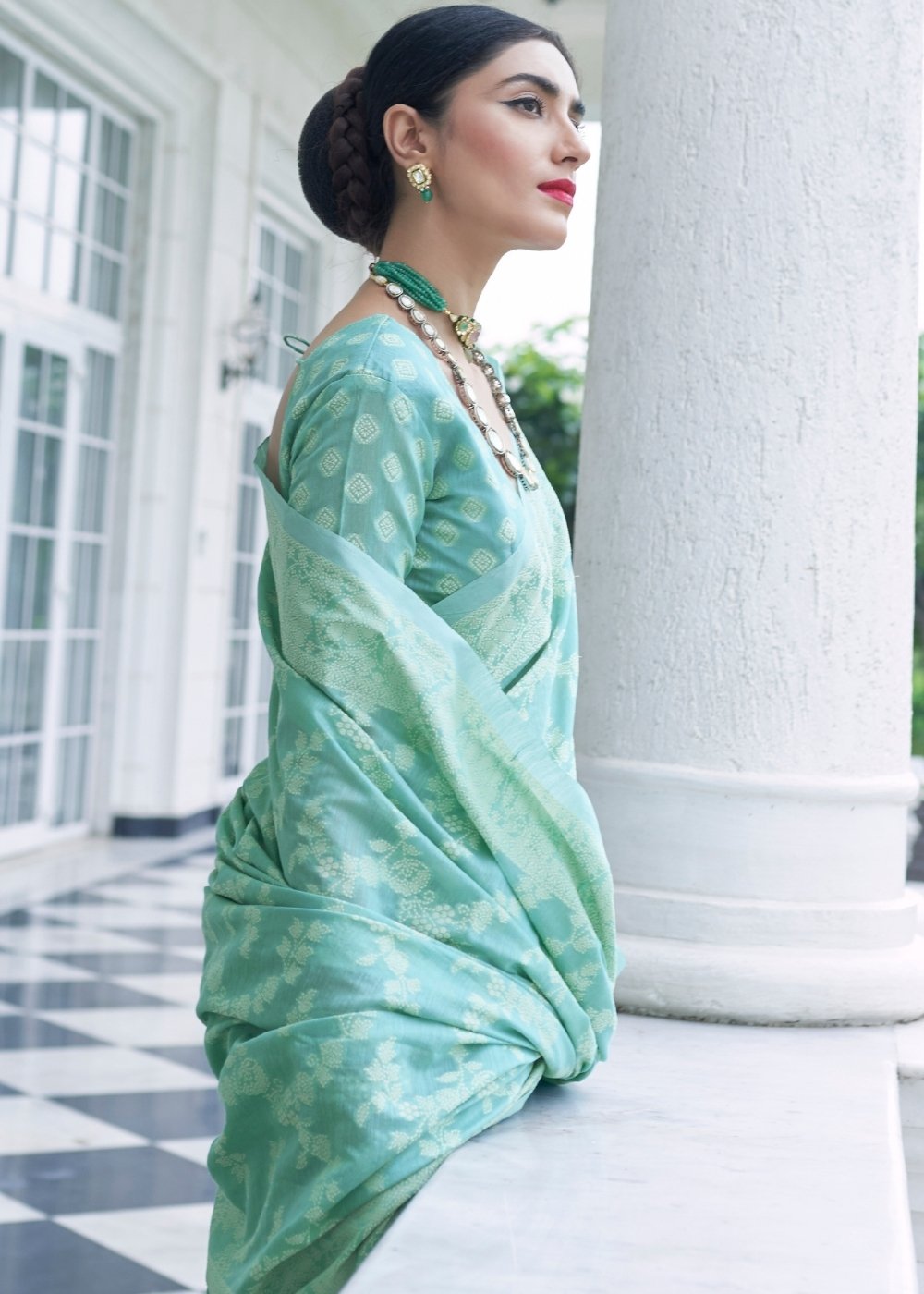 Caribbean Green Lucknowi Chikankari Weaving Silk Saree Secondary image