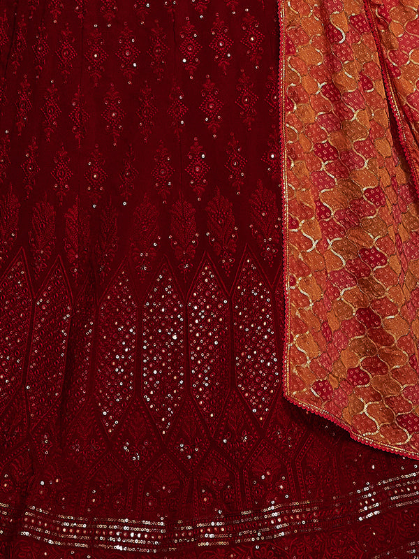 Stylish Maroon Embroidered Georgette Semi Stitched Lehenga With Blouse Piece Clothsvilla