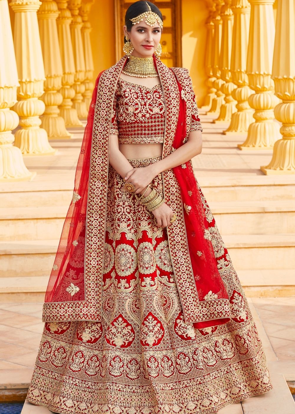 Crimson Red Velvet  Bridal Lehenga Choli with Embroidery & Hand work Clothsvilla