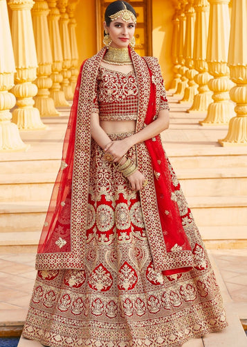 Crimson Red Velvet  Bridal Lehenga Choli with Embroidery & Hand work Clothsvilla