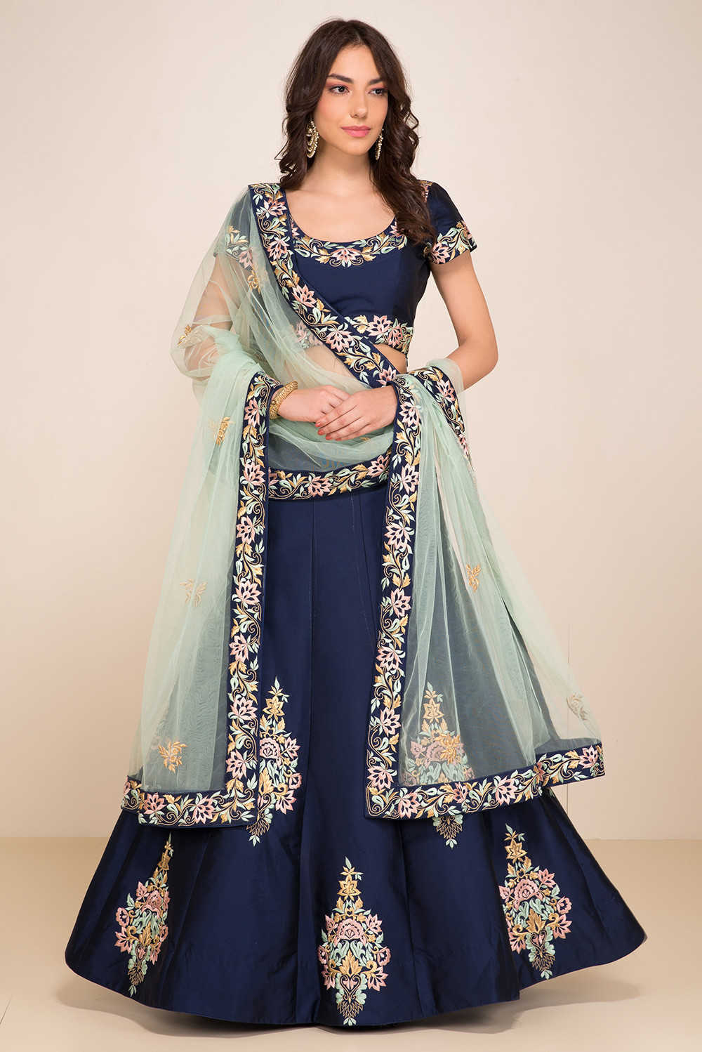 Navy Blue Designer Silk Lehenga with Embroidered Blouse ClothsVilla Main image
