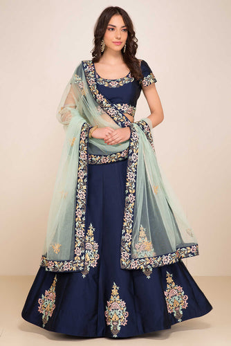 Navy Blue Designer Silk Lehenga with Embroidered Blouse ClothsVilla