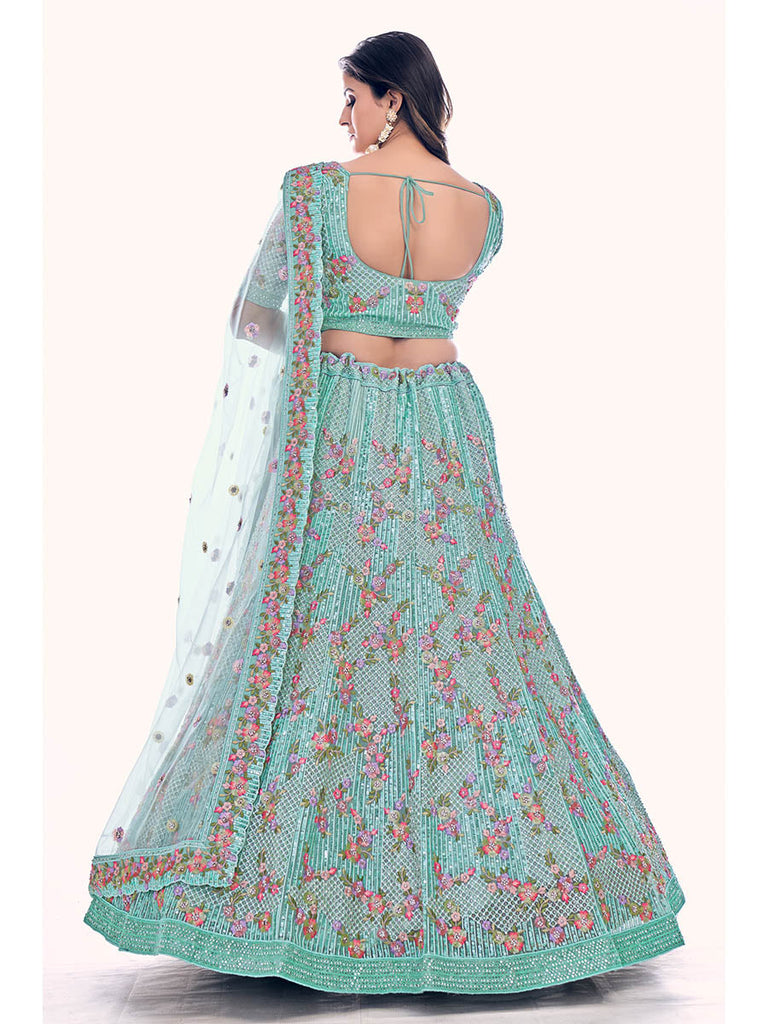 Firozi Soft Net Embroidered Designer Lehenga Choli Clothsvilla