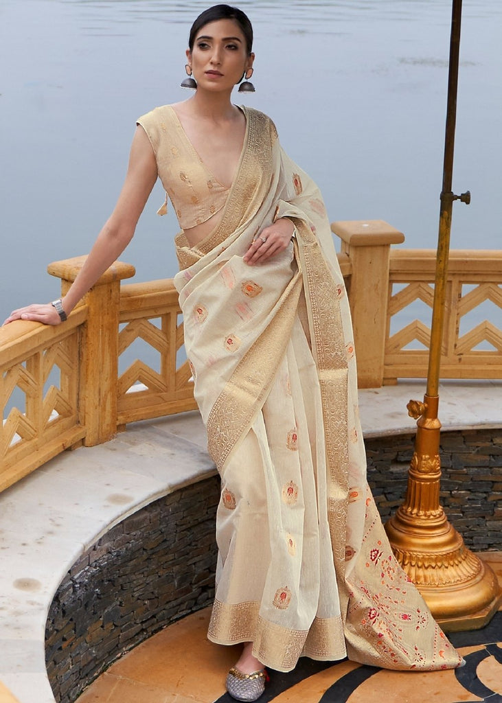 Ivory White Woven Linen Silk Saree Clothsvilla