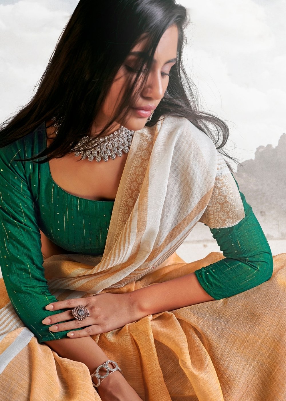 Salmon Orange Soft Linen Silk Saree with Lucknowi work and Sequence Blouse Clothsvilla