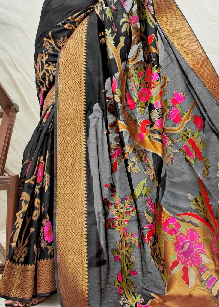 Black and Grey Handloom Woven Silk Saree Clothsvilla