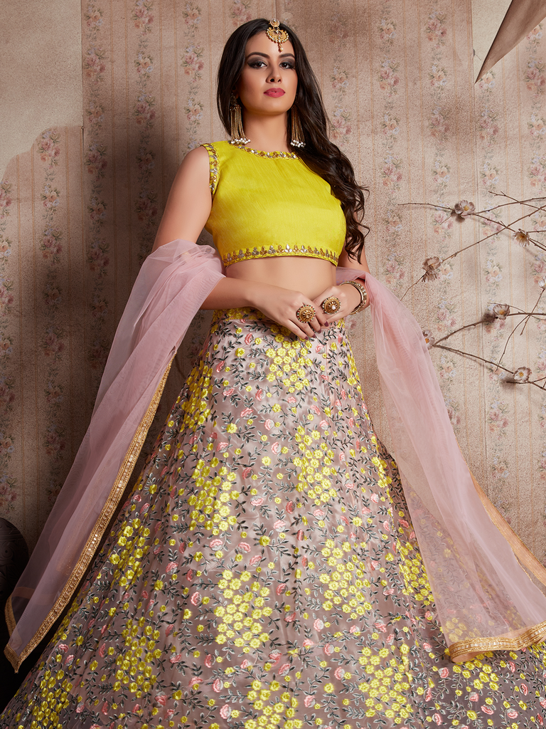 Peach Embroidered Semi Stitched Lehenga With Unstitched Blouse Clothsvilla