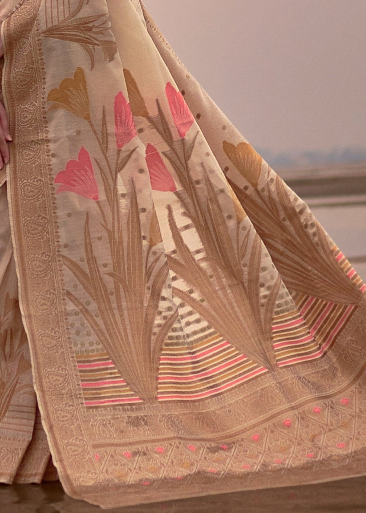 Beige Woven Linen Silk Saree with Floral Motif on Pallu and Border Clothsvilla