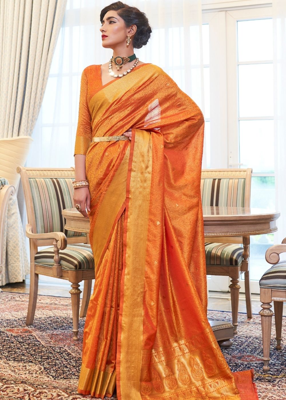 Pumpkin Orange Ultra Soft Kanjivaram Silk Saree with Zari  Border and Pallu Clothsvilla Main image