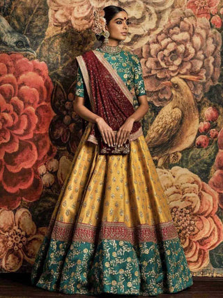 Teal Green and Yellow Bridal Lehenga ClothsVilla