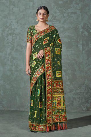 Dark Green Color Cotton Work Silk Zari Work Saree Clothsvilla