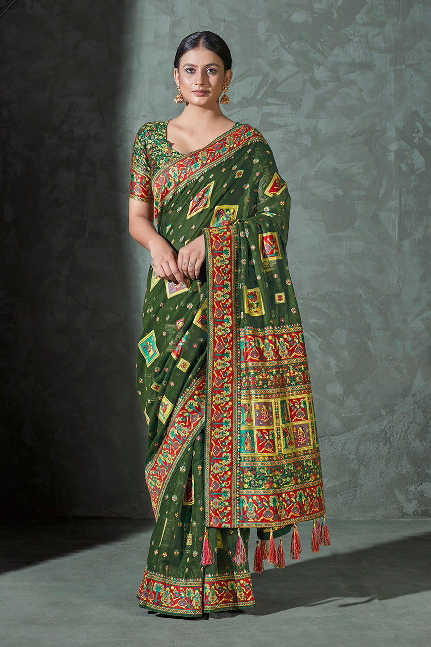 Dark Green Color Cotton Work Silk Zari Work Saree Clothsvilla