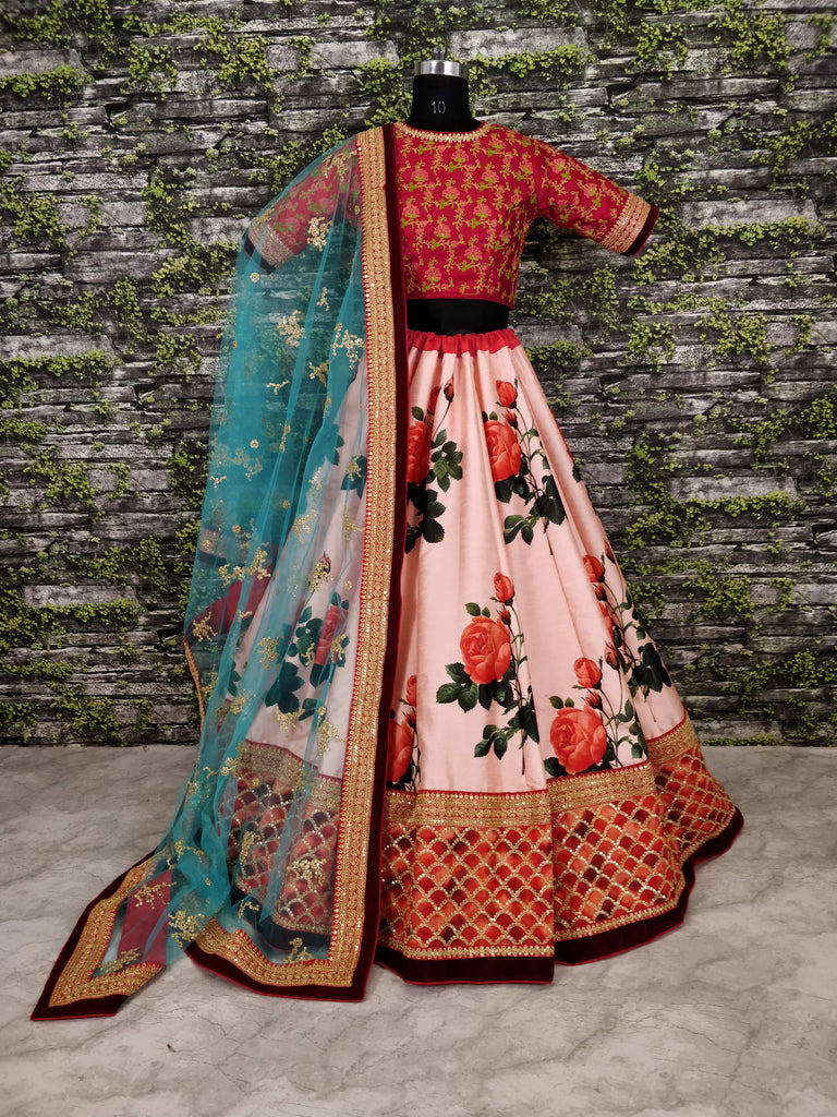 Rose Florals Printed Designer Lehenga with Heavily Embroidered Blouse ClothsVilla