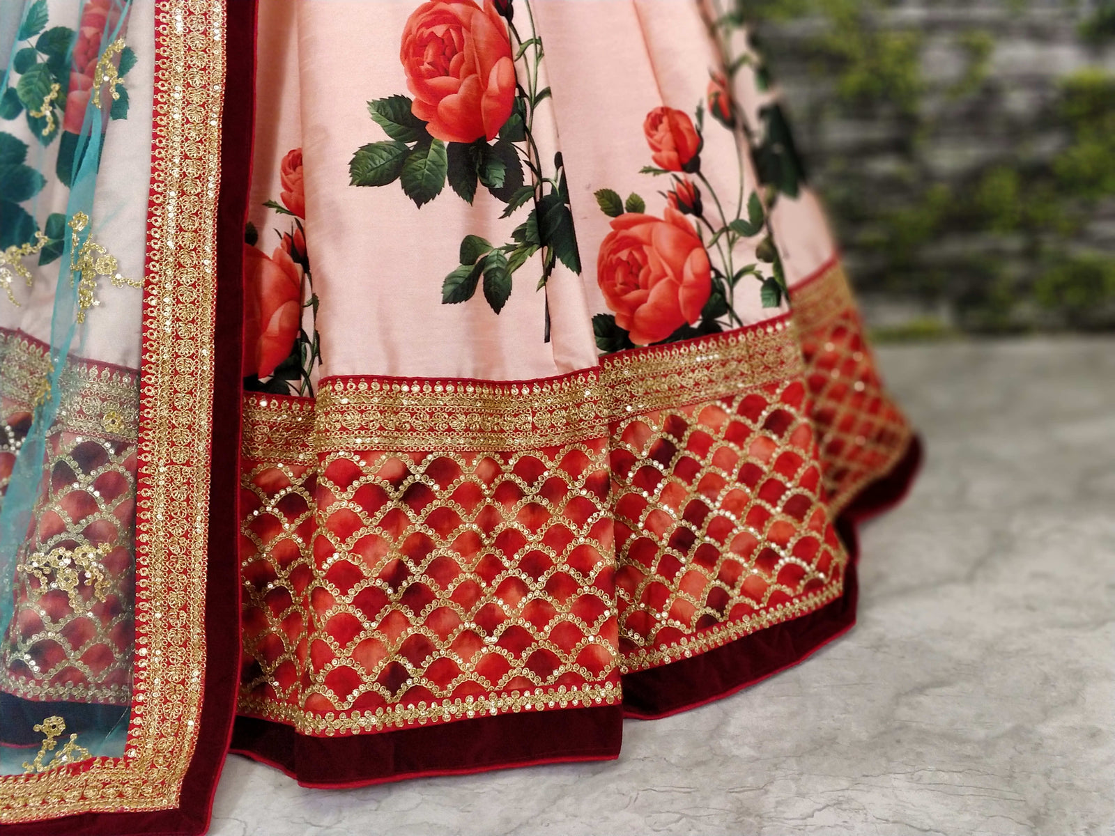 Rose Florals Printed Designer Lehenga with Heavily Embroidered Blouse ClothsVilla
