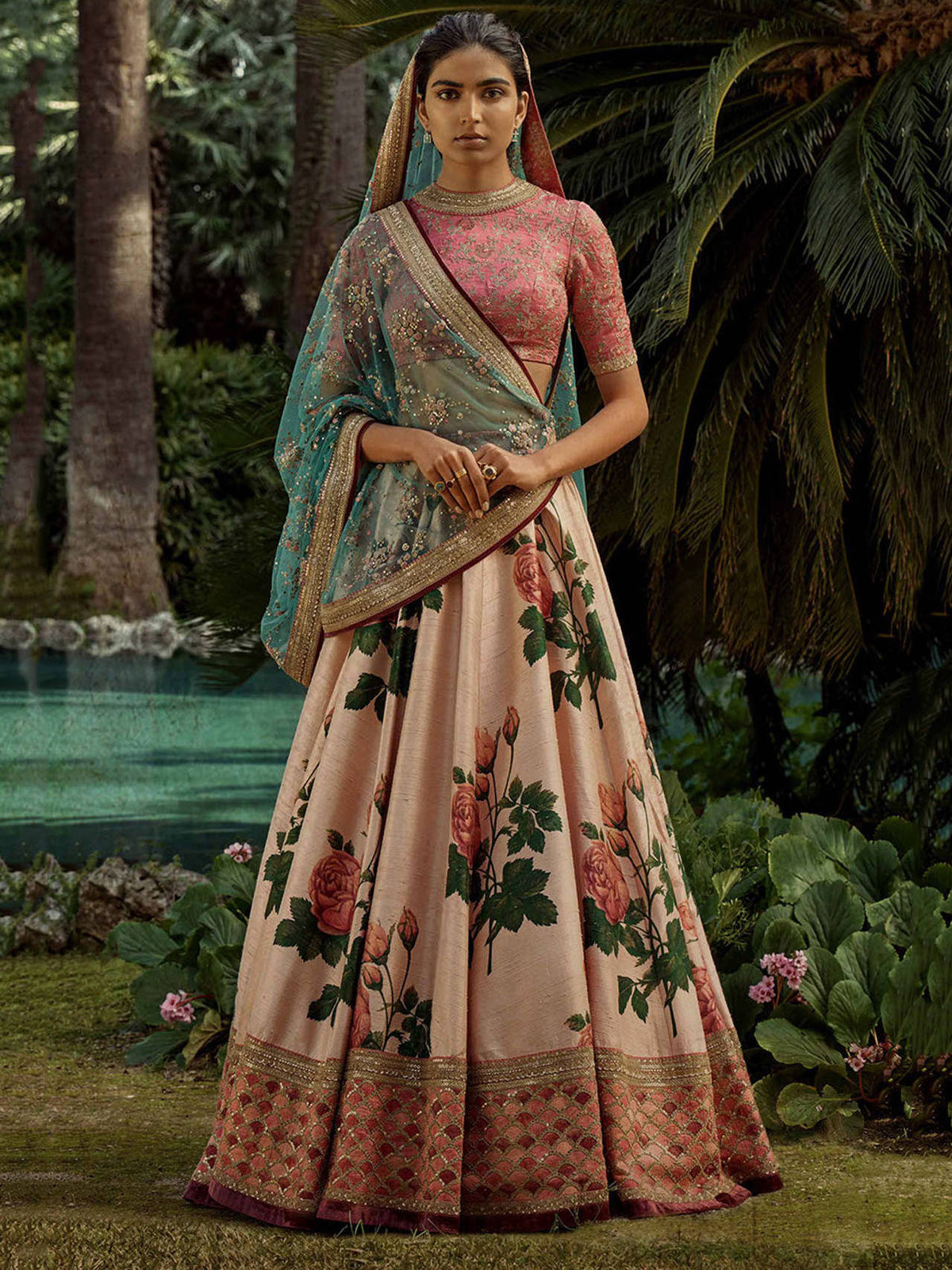 Rose Florals Printed Designer Lehenga with Heavily Embroidered Blouse ClothsVilla Main image