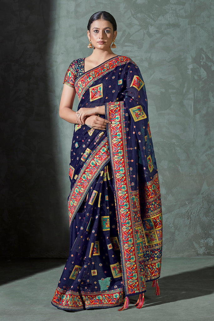 Navy Blue Color Cotton Work Silk Zari Work Saree Clothsvilla