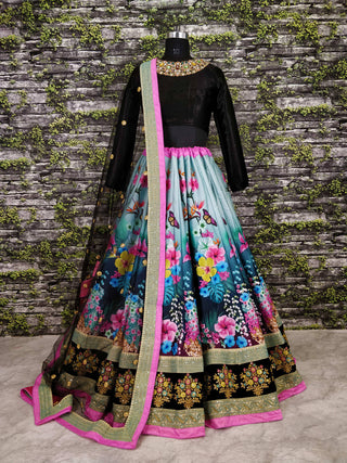 Dazzling Floral Printed Black Lehenga Skirt with Velvet Blouse ClothsVilla