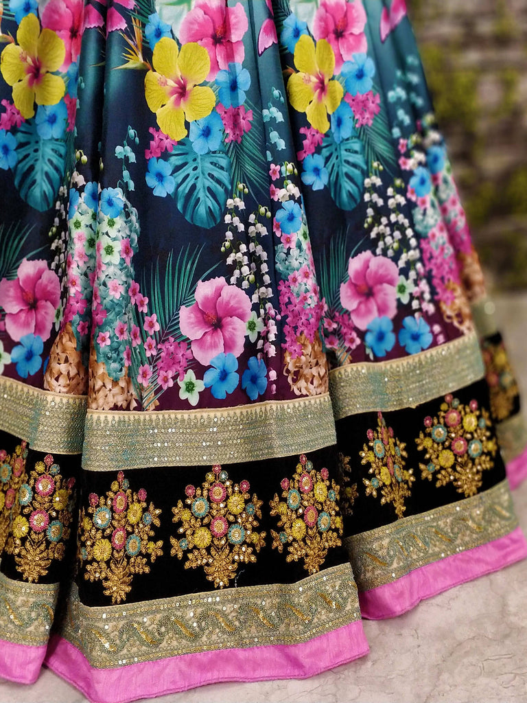 Dazzling Floral Printed Black Lehenga Skirt with Velvet Blouse ClothsVilla