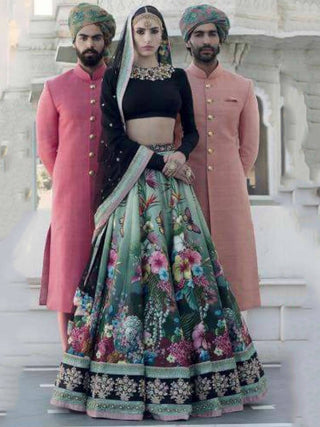 Dazzling Floral Printed Black Lehenga Skirt with Velvet Blouse ClothsVilla