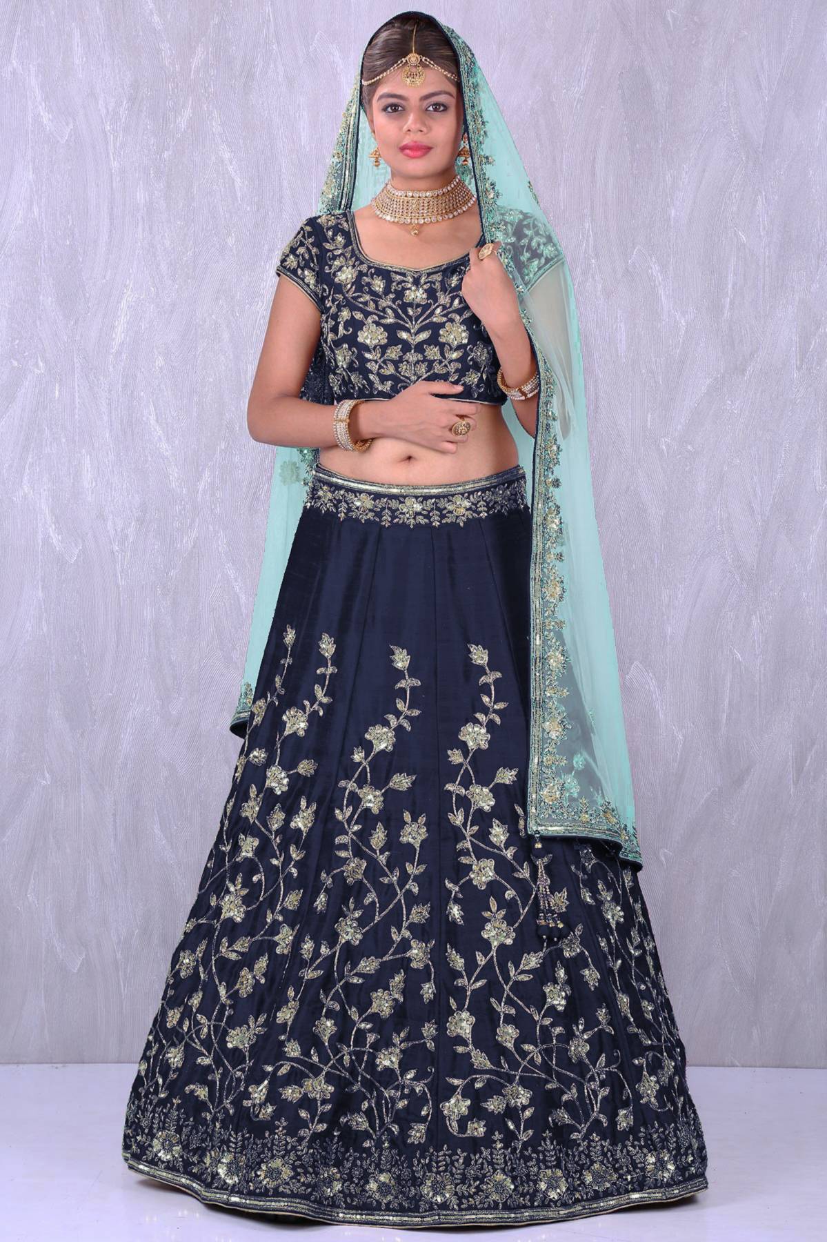 Navy Blue Banglory Silk Lehenga Choli with Applique Embroidery work ClothsVilla