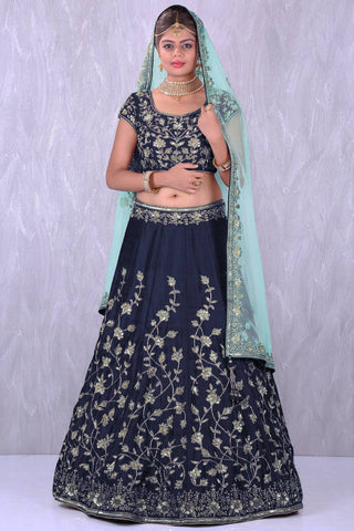 Navy Blue Banglory Silk Lehenga Choli with Applique Embroidery work ClothsVilla