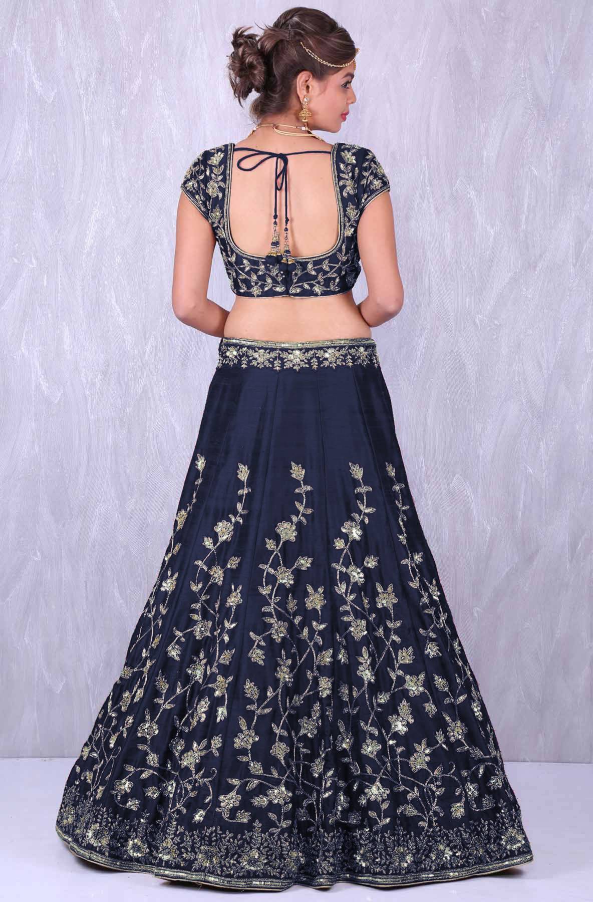 Navy Blue Banglory Silk Lehenga Choli with Applique Embroidery work ClothsVilla