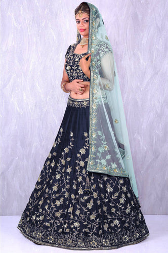 Navy Blue Banglory Silk Lehenga Choli with Applique Embroidery work ClothsVilla
