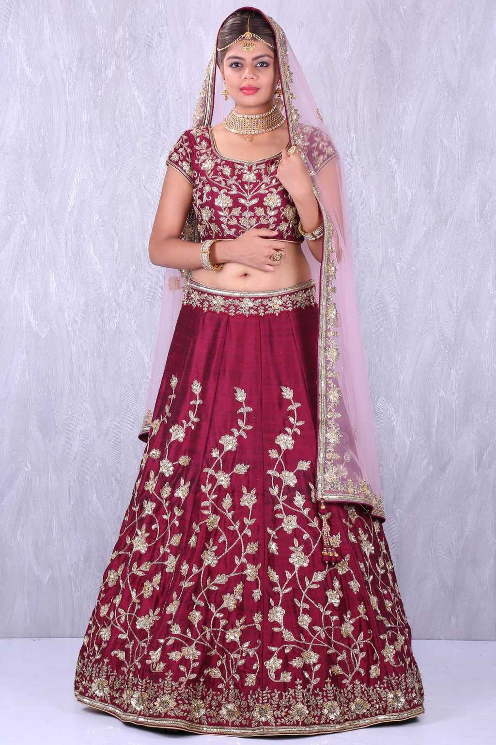 Maroon Banglory Silk Lehenga Choli with Applique Embroidery work ClothsVilla