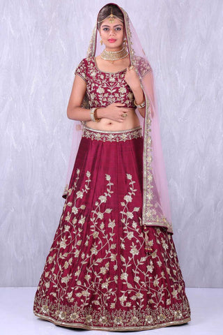 Maroon Banglory Silk Lehenga Choli with Applique Embroidery work ClothsVilla