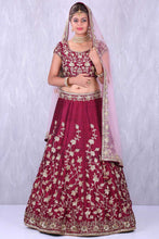 Load image into Gallery viewer, Maroon Banglory Silk Lehenga Choli with Applique Embroidery work ClothsVilla