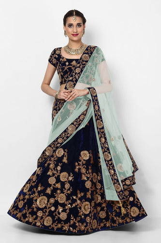 Beautiful Navy Blue Colored Party Wear Designer Embroidered Velvet Lehenga Choli ClothsVilla