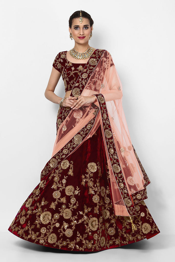 Buy Inddus Maroon & Peach Coloured Embroidered Semi Stitched Lehenga &  Unstitched Blouse With Dupatta - Lehenga Choli for Women 9438361 | Myntra