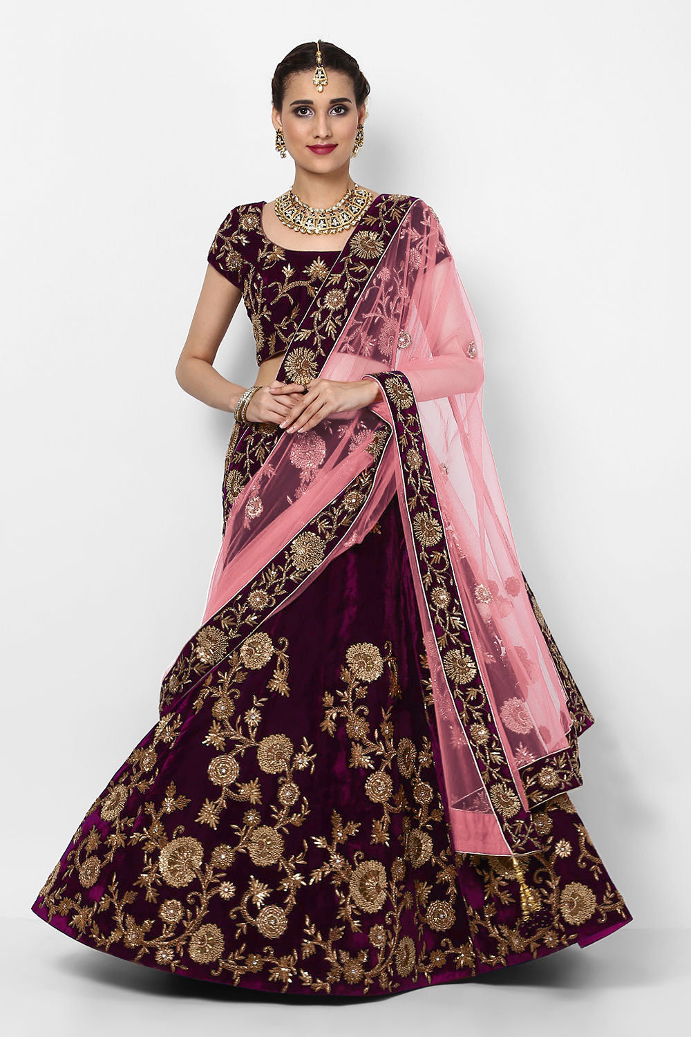 Beautiful Purple Colored Party Wear Designer Embroidered Velvet Lehenga Choli ClothsVilla