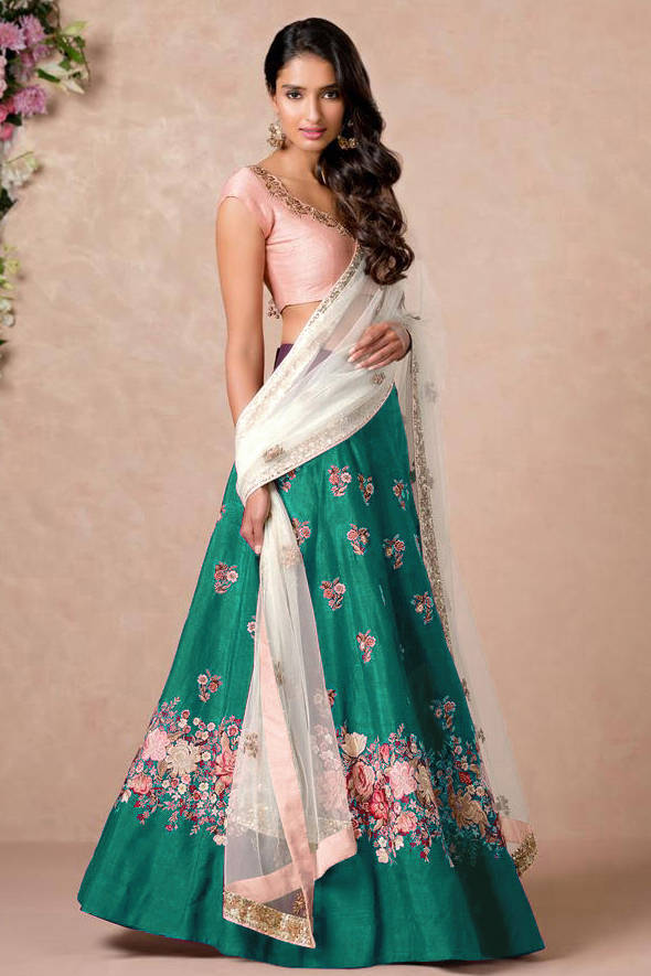 Stunning Green Colored Floral Embroidered Lehenga Choli ClothsVilla