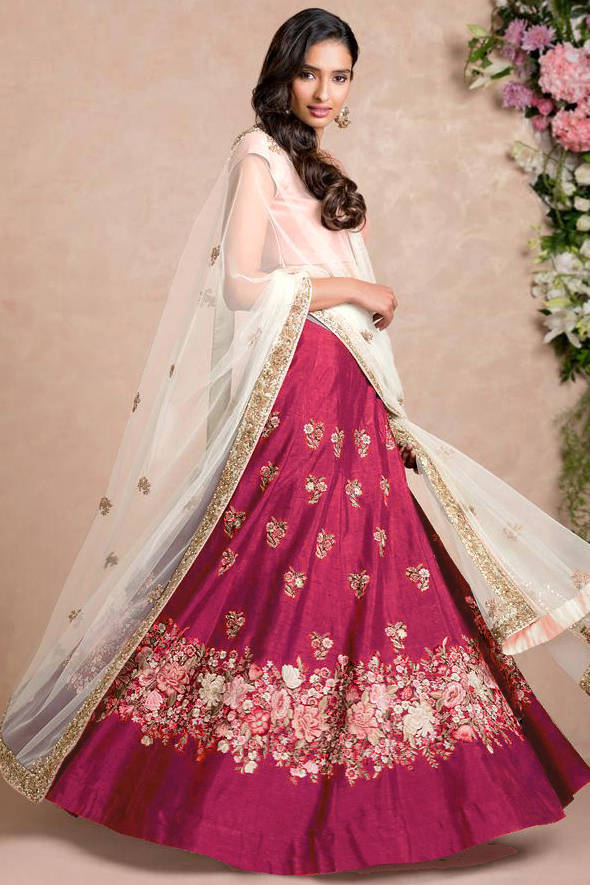 Wonderful Pink Thread Embroidered Silk Wedding Wear Lehenga Choli ClothsVilla
