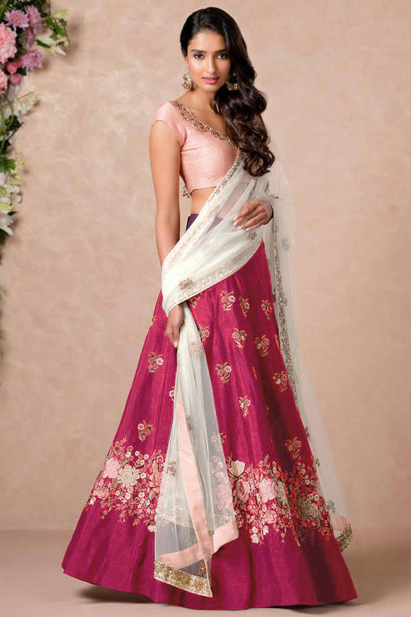 Wonderful Pink Thread Embroidered Silk Wedding Wear Lehenga Choli ClothsVilla