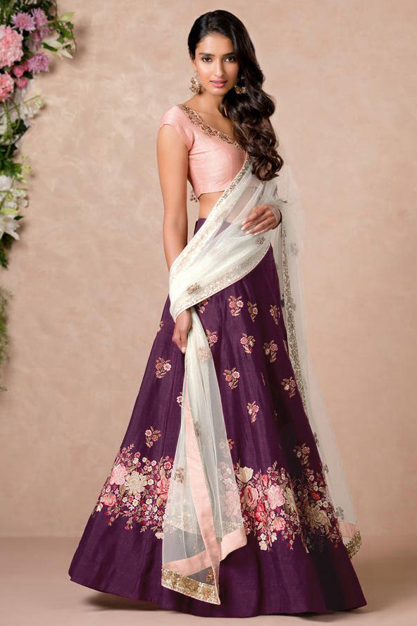 Stunning Purple Colored Floral Embroidered Lehenga Choli ClothsVilla