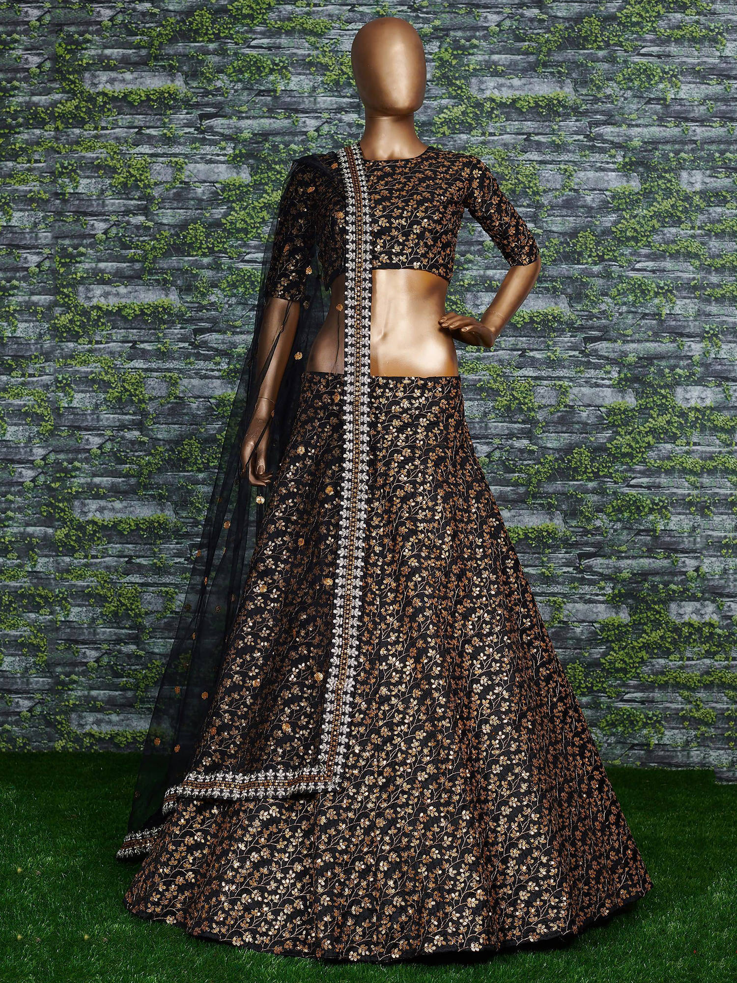 Vine Pattern Golden Sequins Black Silk Lehenga Choli Set ClothsVilla