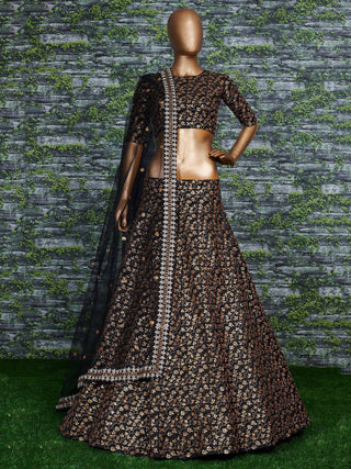Vine Pattern Golden Sequins Black Silk Lehenga Choli Set ClothsVilla